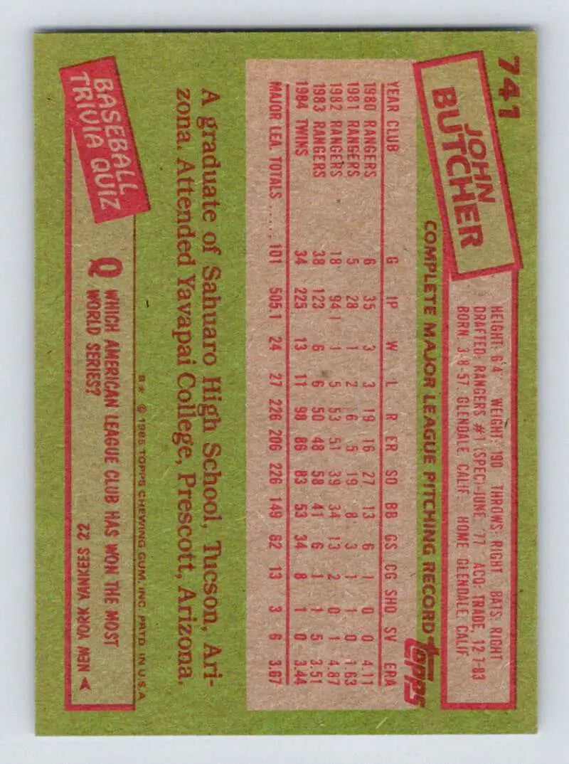 1985 Topps #741 John Butcher EX Excellent Minnesota Twins Baseball Card - Baseball Card Single