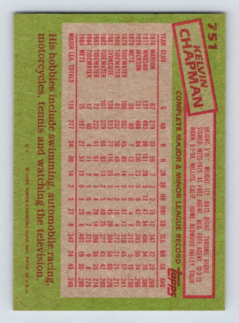 1985 Topps #751 Kelvin Chapman EX Excellent RC Rookie New York Mets Baseball Card - Baseball Card Single