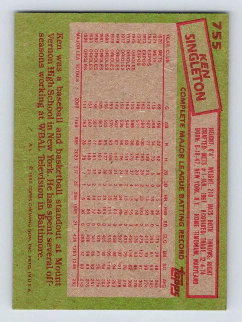 1985 Topps #755 Ken Singleton EX Excellent Baltimore Orioles Baseball Card - Baseball Card Single