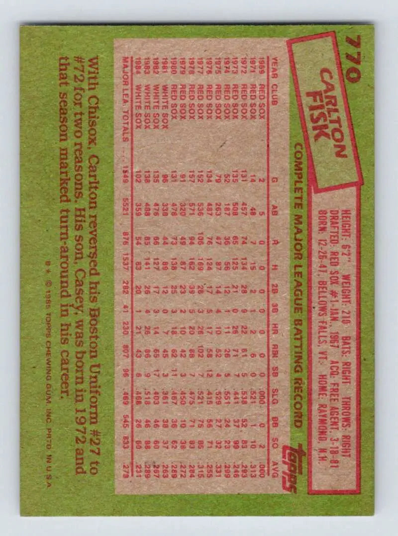 1985 Topps #770 Carlton Fisk EX Excellent Chicago White Sox Baseball Card - Baseball Card Single