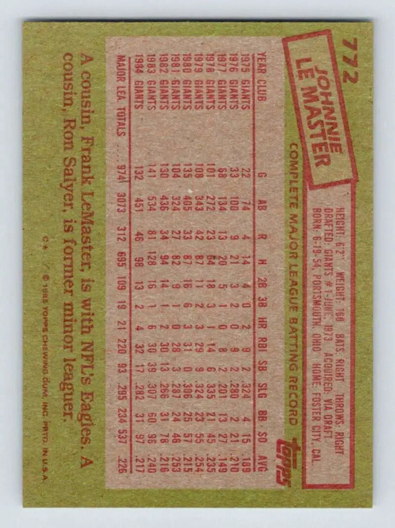 1985 Topps #772 Johnnie LeMaster EX Excellent San Francisco Giants Baseball Card - Baseball Card Single