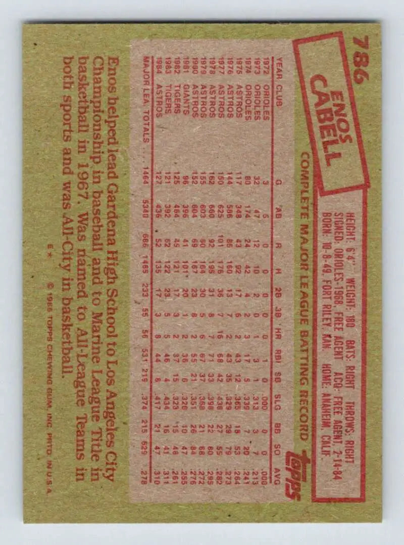 1985 Topps #786 Enos Cabell EX Excellent Houston Astros Baseball Card - Baseball Card Single