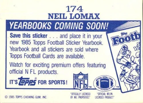 Vintage football card back with original gloss from 1985 Topps Stickers Neil Lomax
