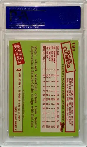 Baseball card featuring Roger Clemens rookie stats for Boston Red Sox in red and green