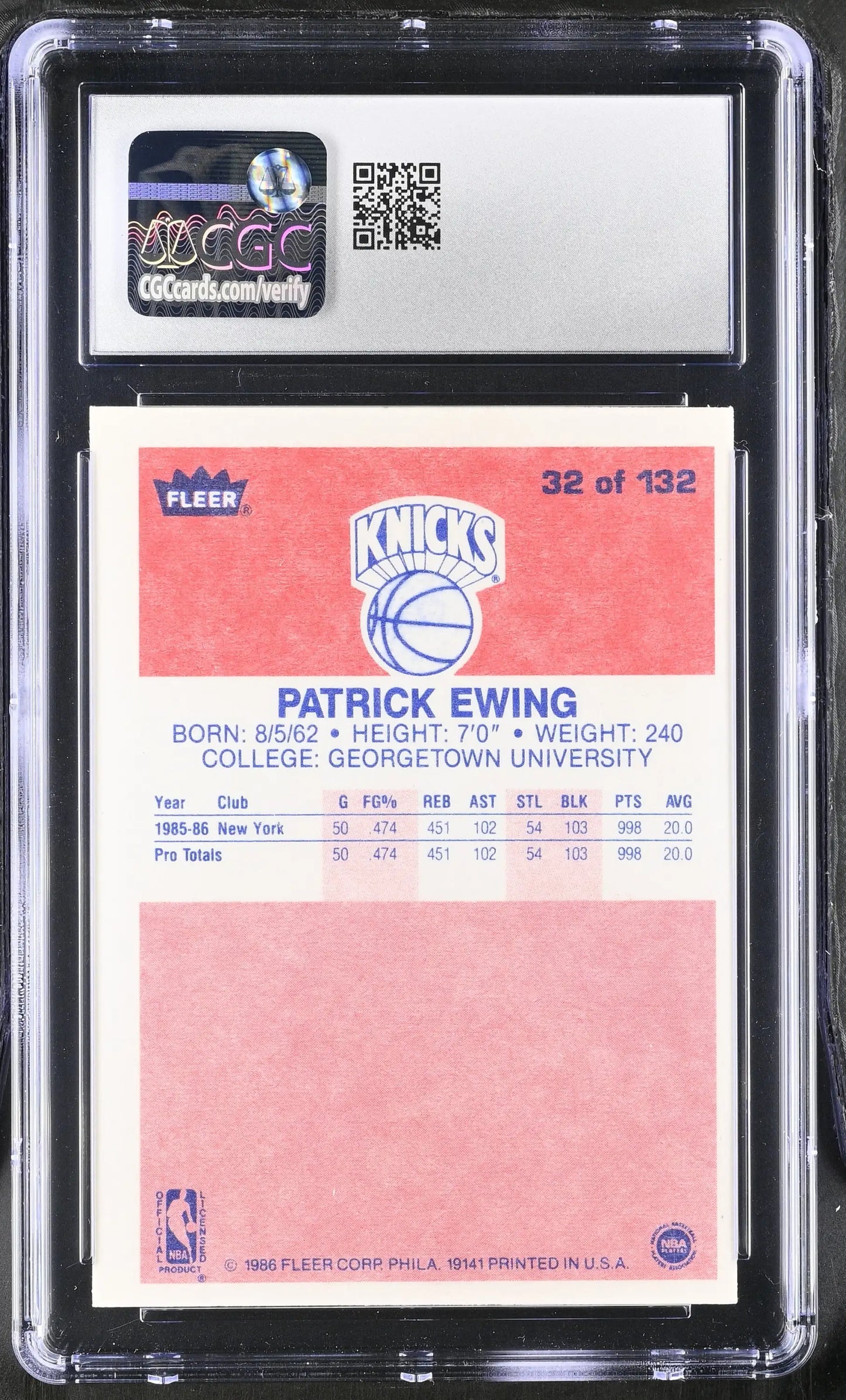 1986-87 Fleer Basketball #32 Patrick Ewing CGC 5 Excellent - Sports Cards