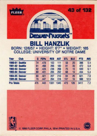 Back of 1986-87 Fleer Basketball Bill Hanzlik rookie card showing card details
