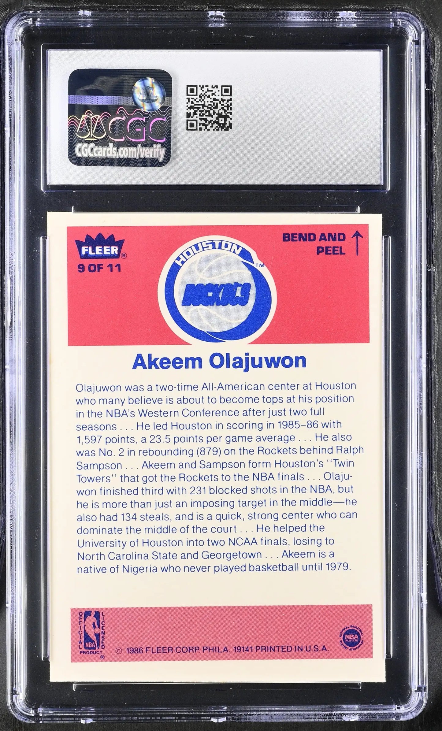 1986-87 Fleer Basketball Sticker #9 Akeem Olajuwon CGC 5.5 Excellent+ - Sports Cards - Basketball Single