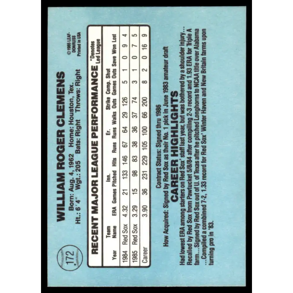 1986 Donruss #172 Roger Clemens EX/NM Boston Red Sox Baseball Card - Baseball Card Single