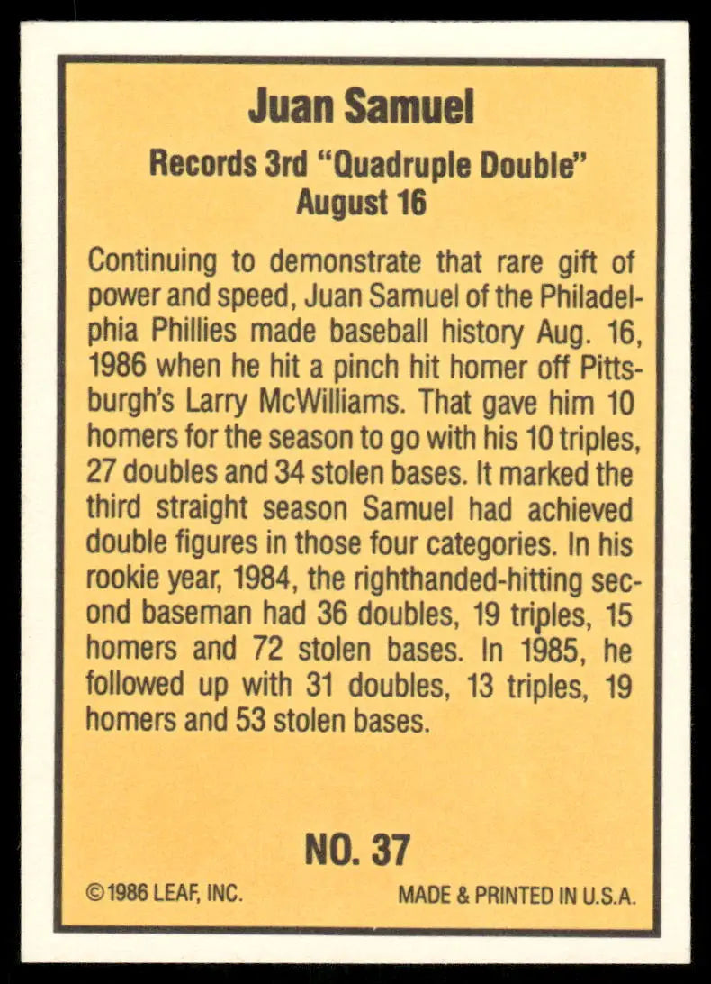 Baseball trading card featuring Juan Samuel highlights with player statistics from 1986 Donruss Highlights