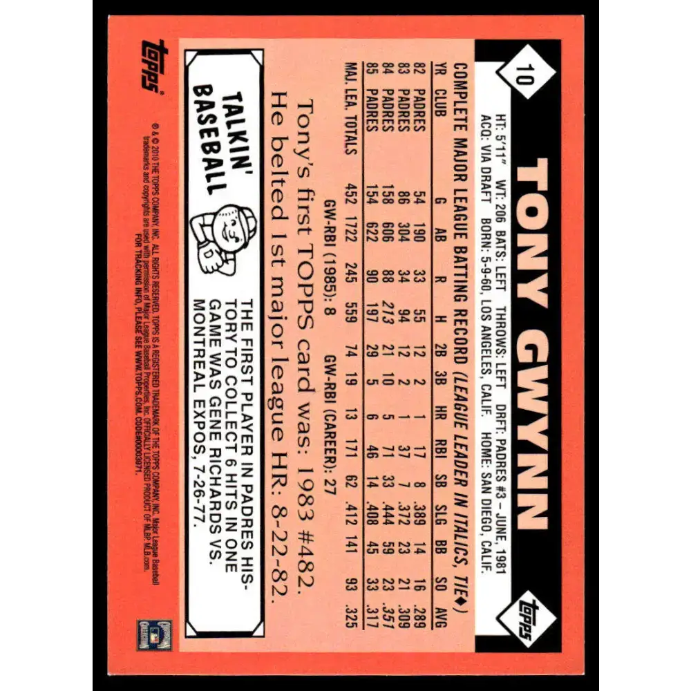 1986 Topps #10 Tony Gwynn NM/MT San Diego Padres Baseball Card - Baseball Card Single