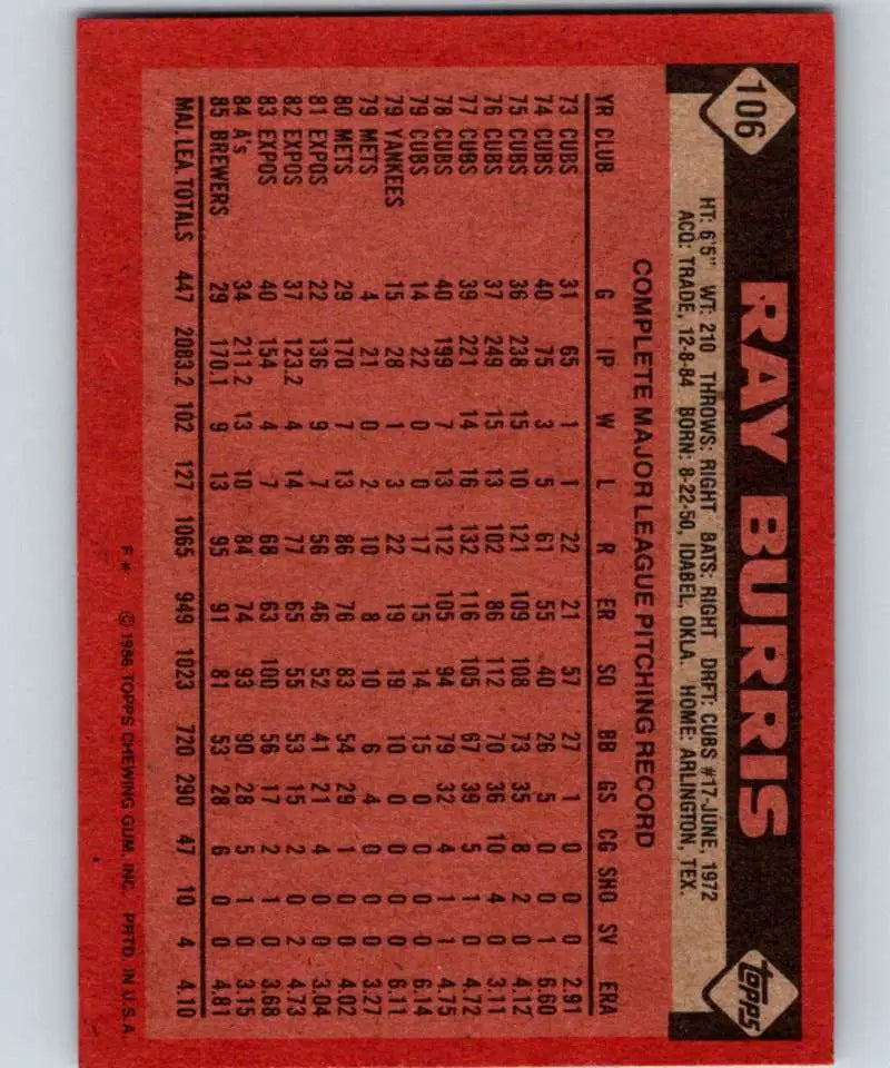 1986 Topps #106 Ray Burris EX Excellent Milwaukee Brewers Baseball Card - Baseball Card Single