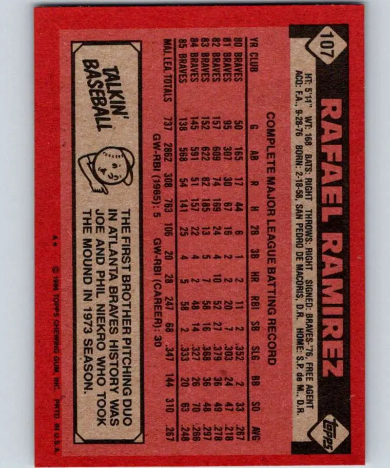 1986 Topps #107 Rafael Ramirez EX Excellent Atlanta Braves Baseball Card - Baseball Card Single