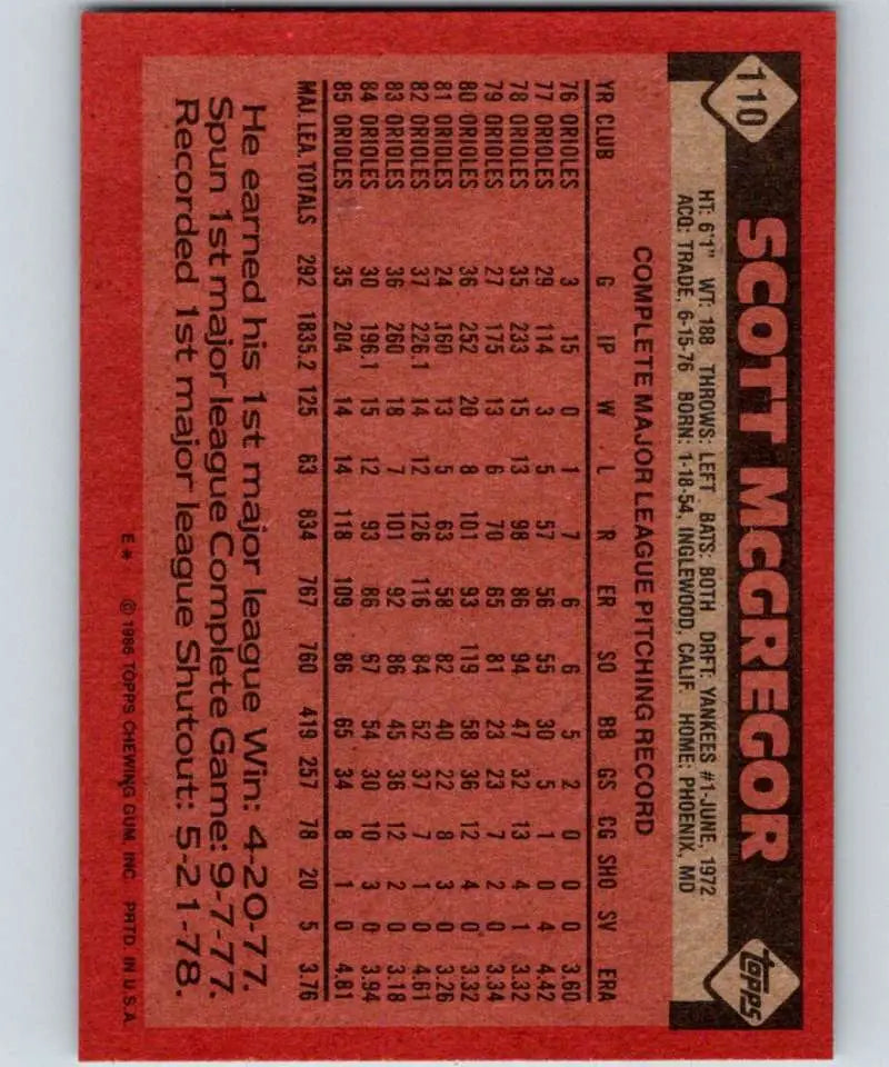 1986 Topps #110 Scott McGregor EX Excellent Baltimore Orioles Baseball Card - Baseball Card Single
