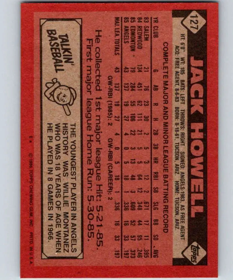 1986 Topps #127 Jack Howell EX Excellent RC Rookie California Angels Baseball Card - Baseball Card Single