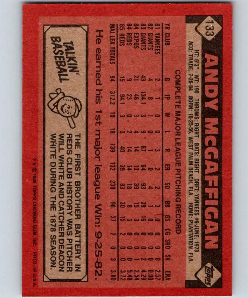 1986 Topps #133 Andy McGaffigan EX Excellent Cincinnati Reds Baseball Card - Baseball Card Single