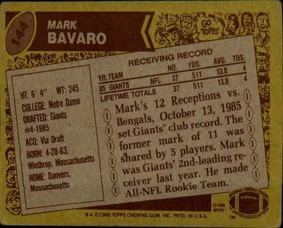 1986 Topps #144 Mark Bavaro Rookie Rookie - Football Card Single