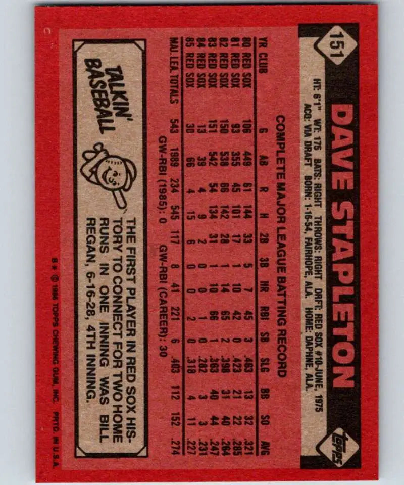 1986 Topps #151 Dave Stapleton EX Excellent Boston Red Sox Baseball Card - Baseball Card Single