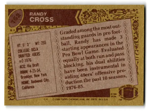 Original gloss Randy Cross football card back from 1986 Topps #162 Excellent 49ers