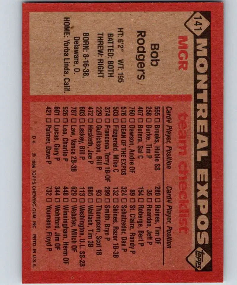 1986 Topps #171 Bob Rodgers EX Excellent Montreal Expos Baseball Card - Baseball Card Single