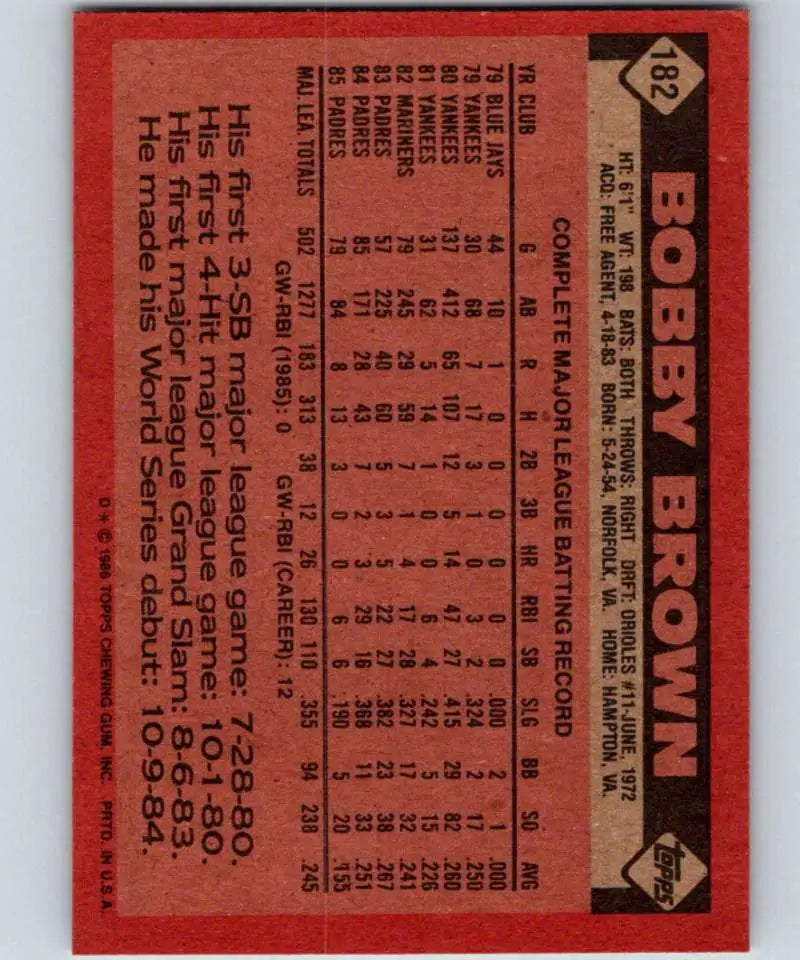 1986 Topps #182 Bobby Brown EX Excellent San Diego Padres Baseball Card - Baseball Card Single