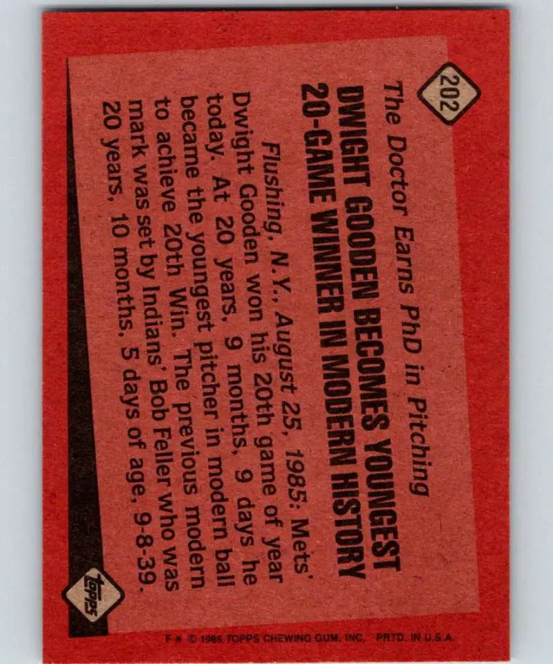 1986 Topps #202 Dwight Gooden EX Excellent New York Mets Baseball Card - Baseball Card Single