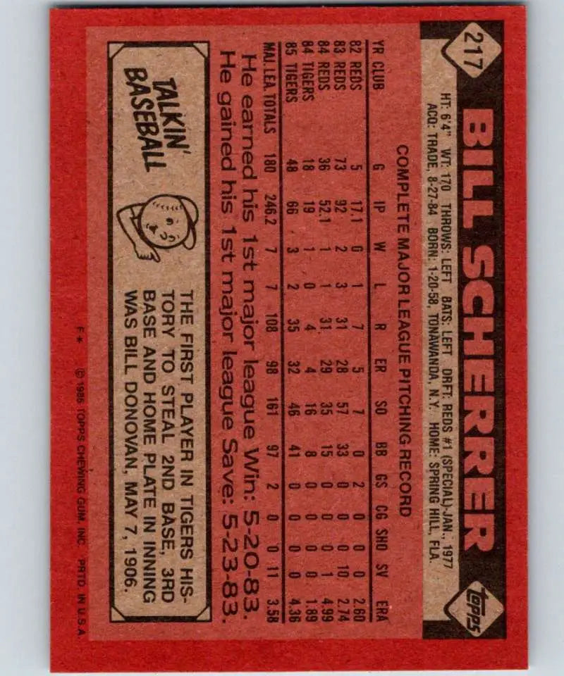 1986 Topps #217 Bill Scherrer EX Excellent Detroit Tigers Baseball Card - Baseball Card Single