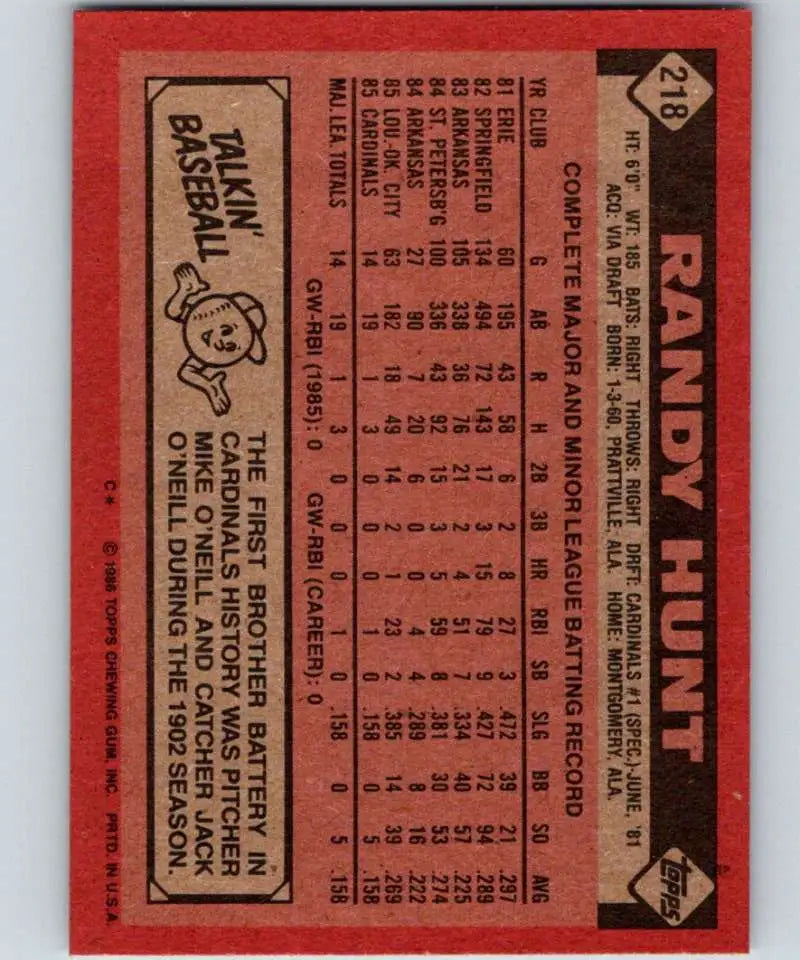1986 Topps #218 Randy Hunt EX Excellent RC Rookie St. Louis Cardinals Baseball Card - Baseball Card Single