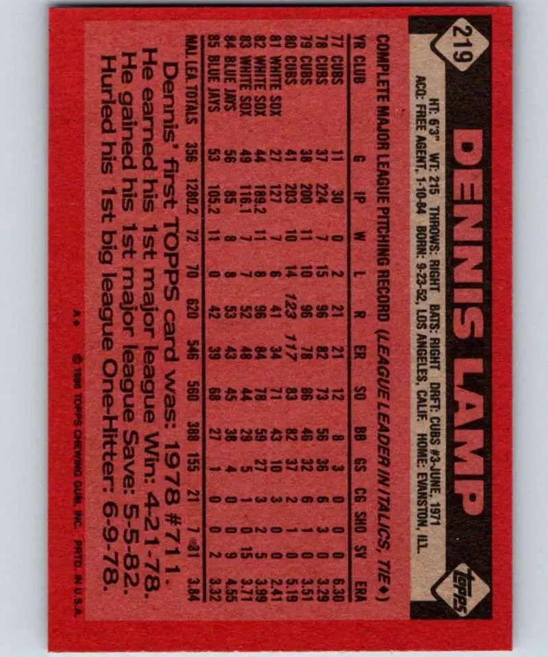 1986 Topps #219 Dennis Lamp EX Excellent Toronto Blue Jays Baseball Card - Baseball Card Single
