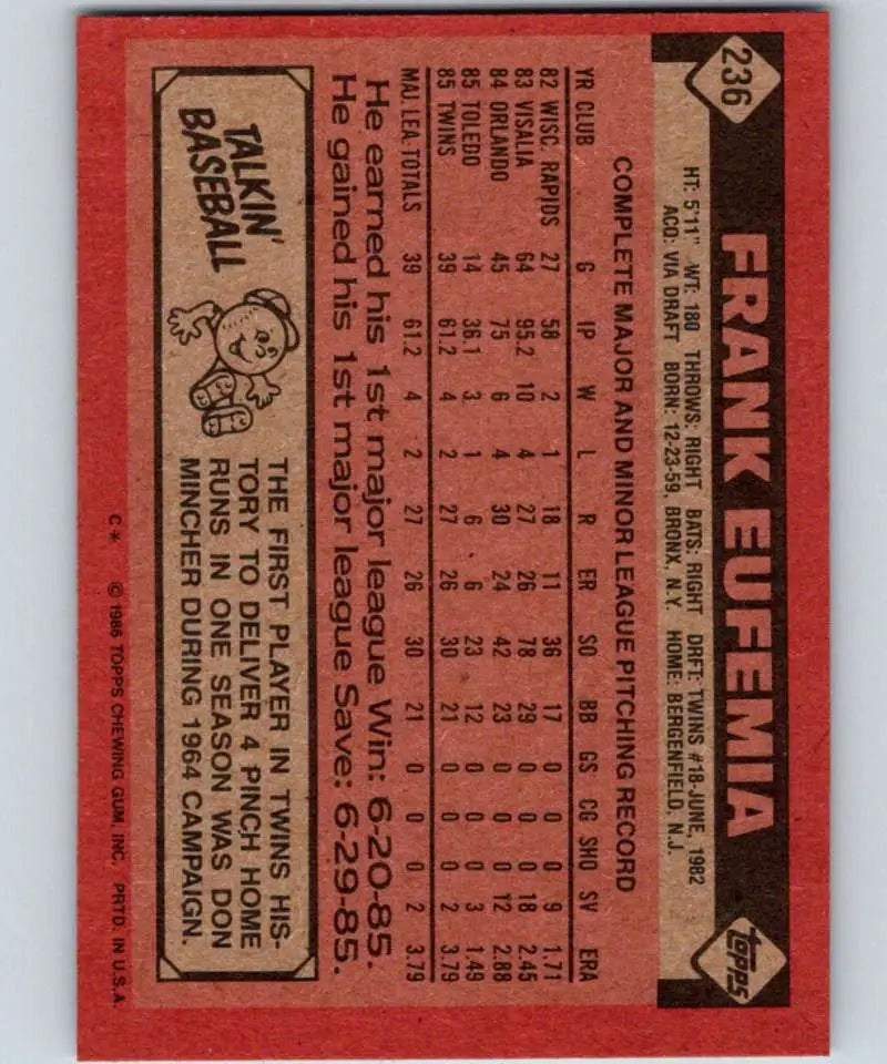 1986 Topps #236 Frank Eufemia EX Excellent RC Rookie Minnesota Twins Baseball Card - Baseball Card Single