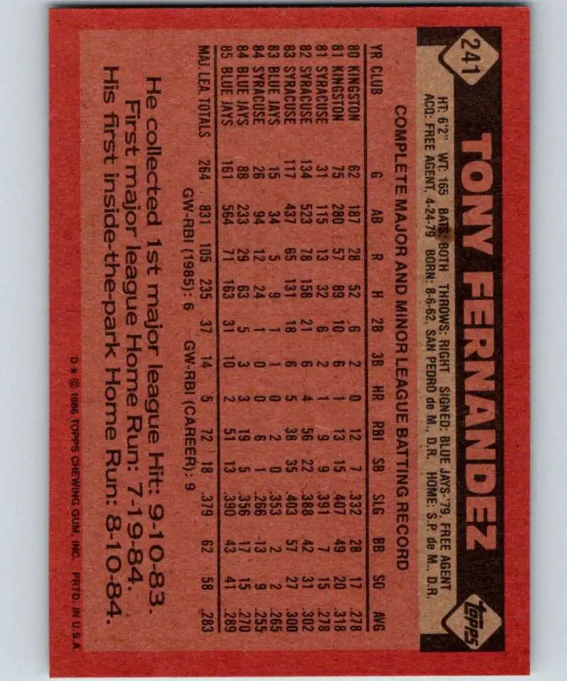 1986 Topps #241 Tony Fernandez EX Excellent Toronto Blue Jays Baseball Card - Baseball Card Single