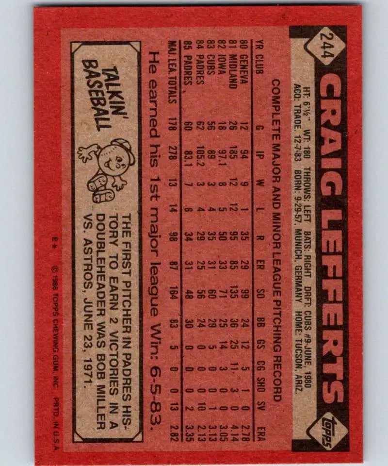 1986 Topps #244 Craig Lefferts EX Excellent San Diego Padres Baseball Card - Baseball Card Single