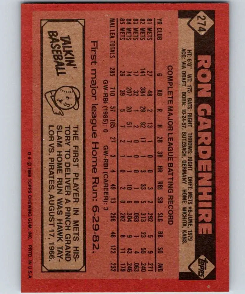 1986 Topps #274 Ron Gardenhire EX Excellent New York Mets Baseball Card - Baseball Card Single
