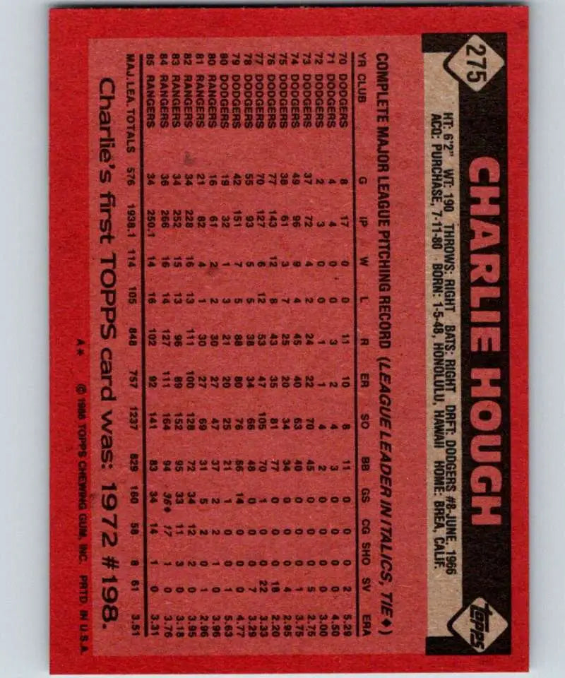 1986 Topps #275 Charlie Hough EX Excellent Texas Rangers Baseball Card - Baseball Card Single
