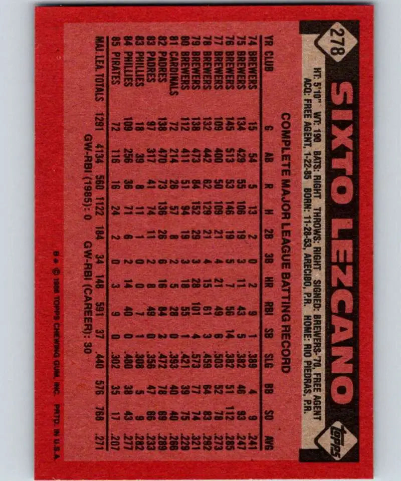 1986 Topps #278 Sixto Lezcano EX Excellent Pittsburgh Pirates Baseball Card - Baseball Card Single