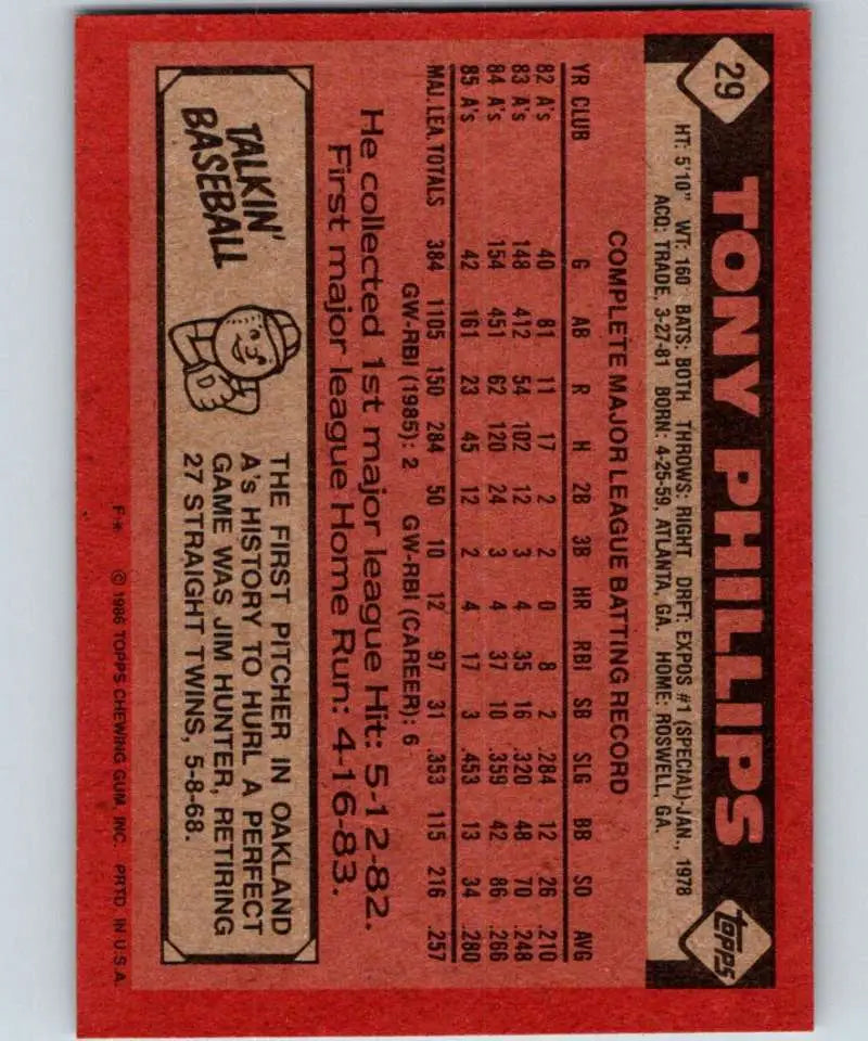 1986 Topps #29 Tony Phillips EX Excellent Oakland Athletics Baseball Card - Baseball Card Single