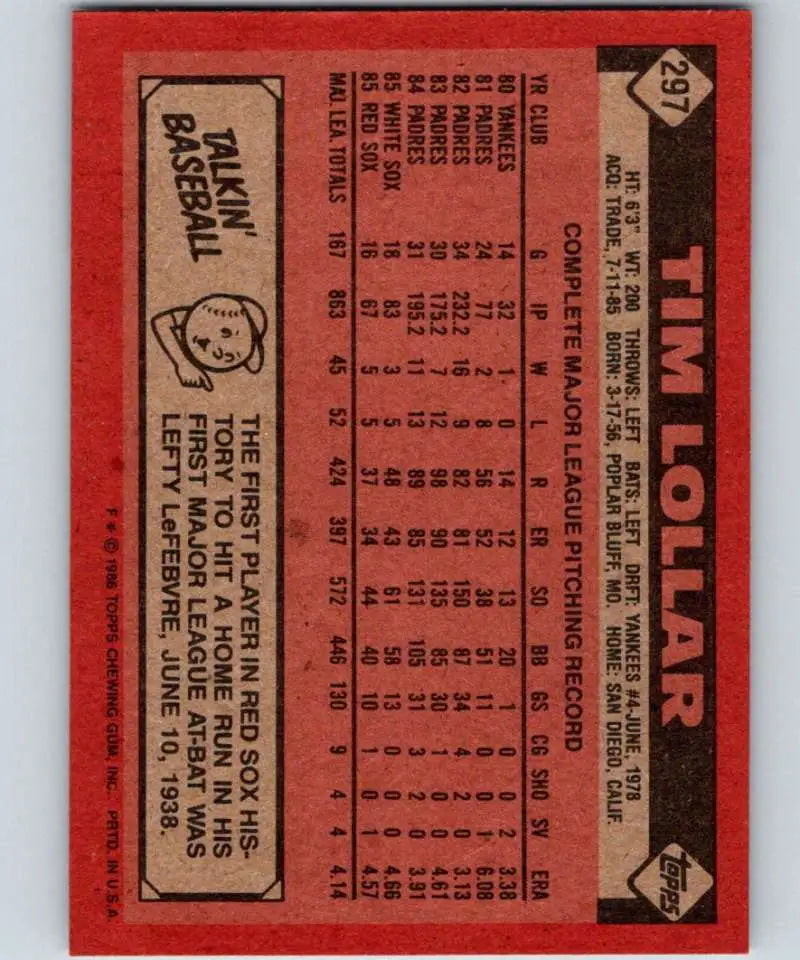 1986 Topps #297 Tim Lollar EX Excellent Boston Red Sox Baseball Card - Baseball Card Single