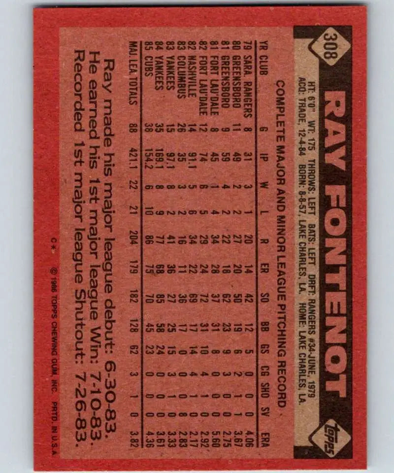 1986 Topps #308 Ray Fontenot EX Excellent Chicago Cubs Baseball Card - Baseball Card Single