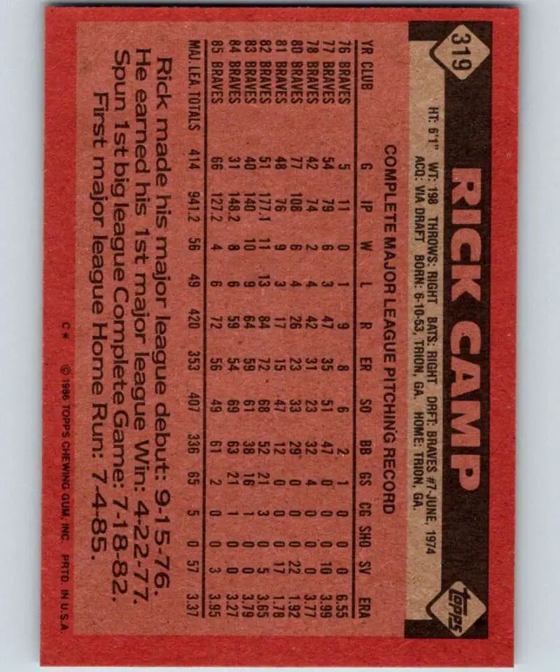 1986 Topps #319 Rick Camp EX Excellent Atlanta Braves Baseball Card - Baseball Card Single