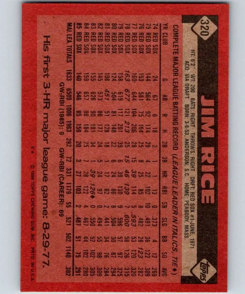 1986 Topps #320 Jim Rice EX Excellent Boston Red Sox Baseball Card - Baseball Card Single