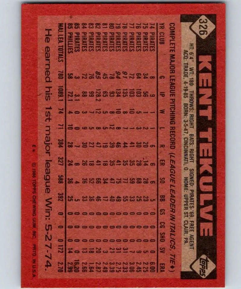 1986 Topps #326 Kent Tekulve EX Excellent Philadelphia Phillies Baseball Card - Baseball Card Single