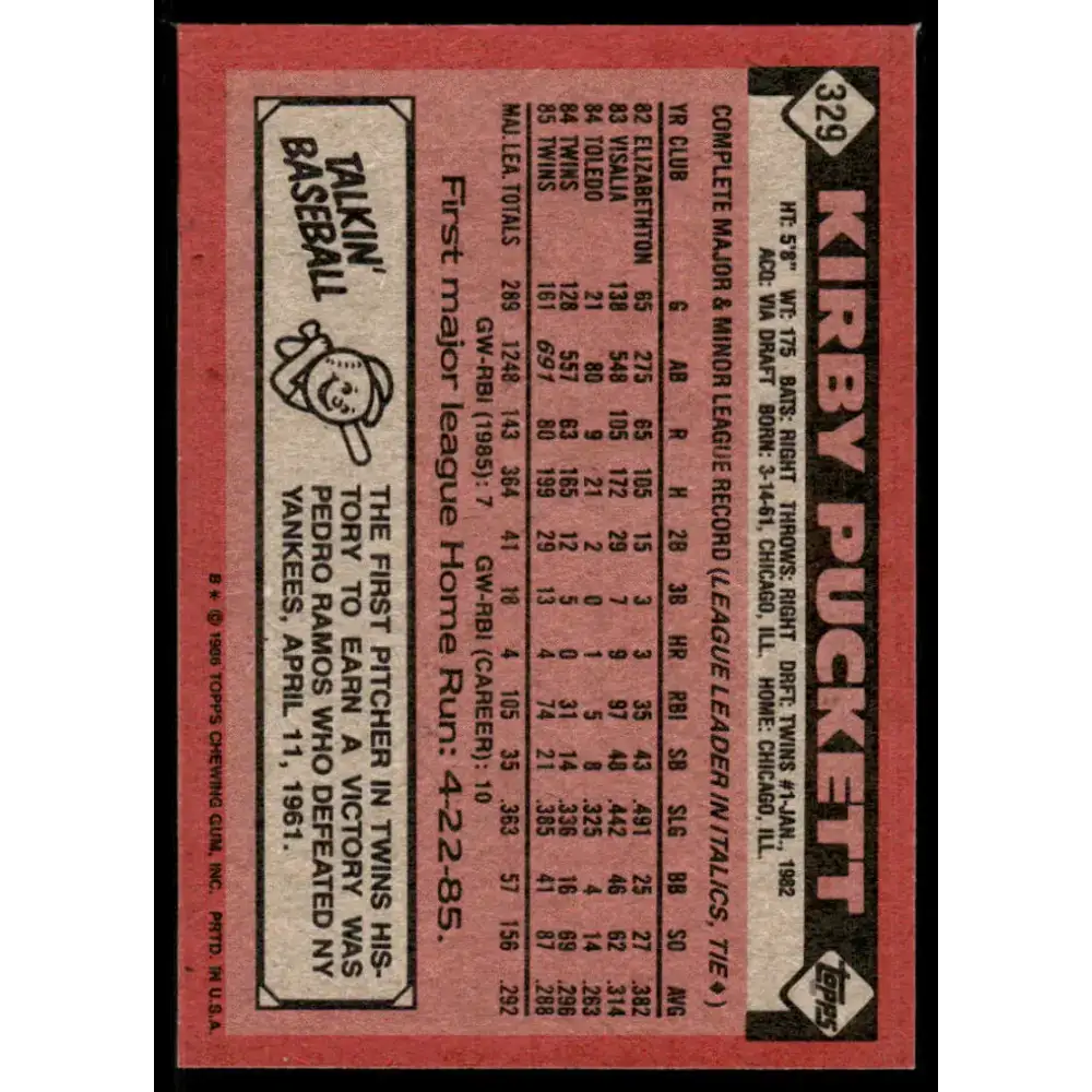 1986 Topps #329 Kirby Puckett EX/NM Minnesota Twins Baseball Card - Baseball Card Single