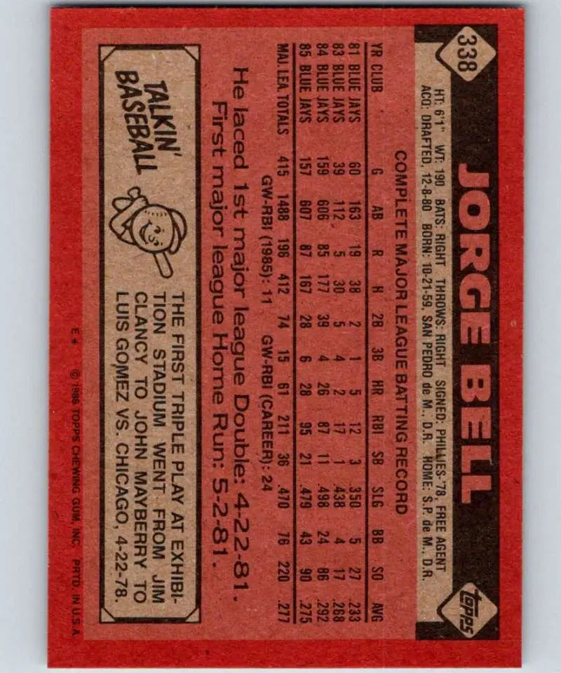 1986 Topps #338 Jorge Bell EX Excellent Toronto Blue Jays Baseball Card - Baseball Card Single