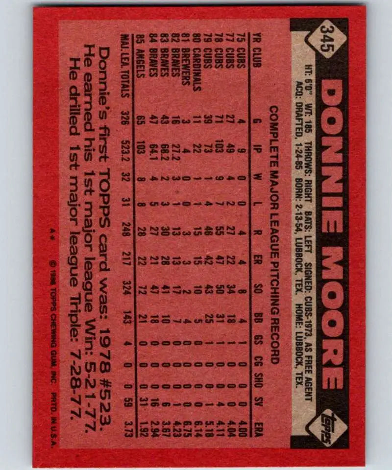 1986 Topps #345 Donnie Moore EX Excellent California Angels Baseball Card - Baseball Card Single
