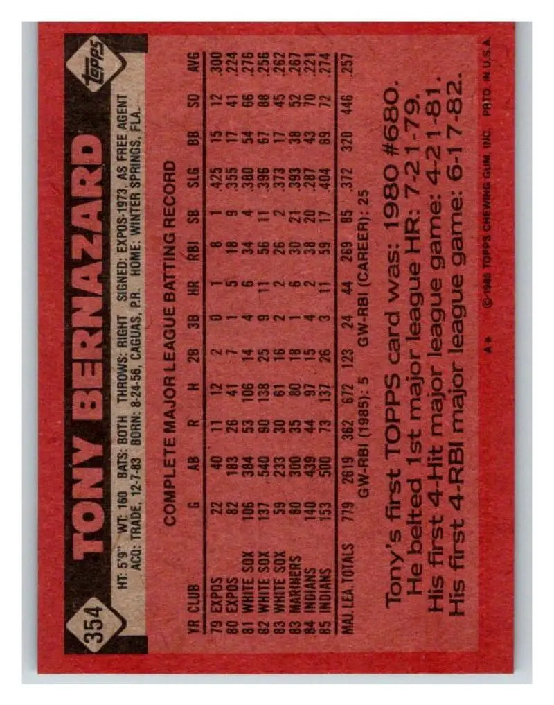 1986 Topps #354 Tony Bernazard EX Excellent Cleveland Indians Baseball Card - Baseball Card Single