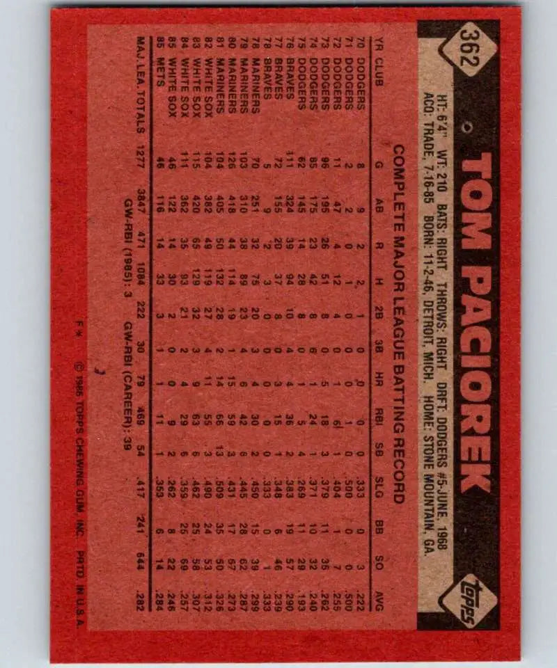 1986 Topps #362 Tom Paciorek EX Excellent New York Mets Baseball Card - Baseball Card Single