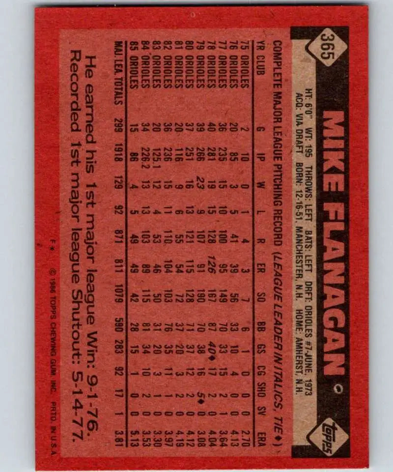 1986 Topps #365 Mike Flanagan EX Excellent Baltimore Orioles Baseball Card - Baseball Card Single