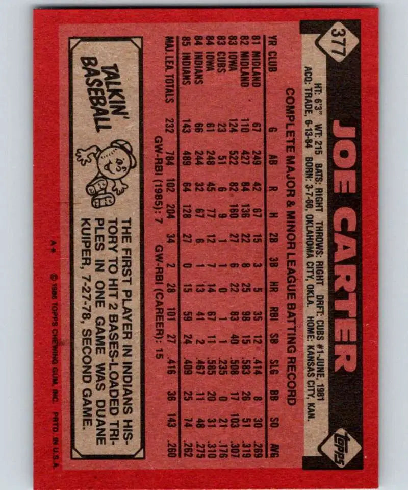 1986 Topps #377 Joe Carter EX Excellent Cleveland Indians Baseball Card - Baseball Card Single