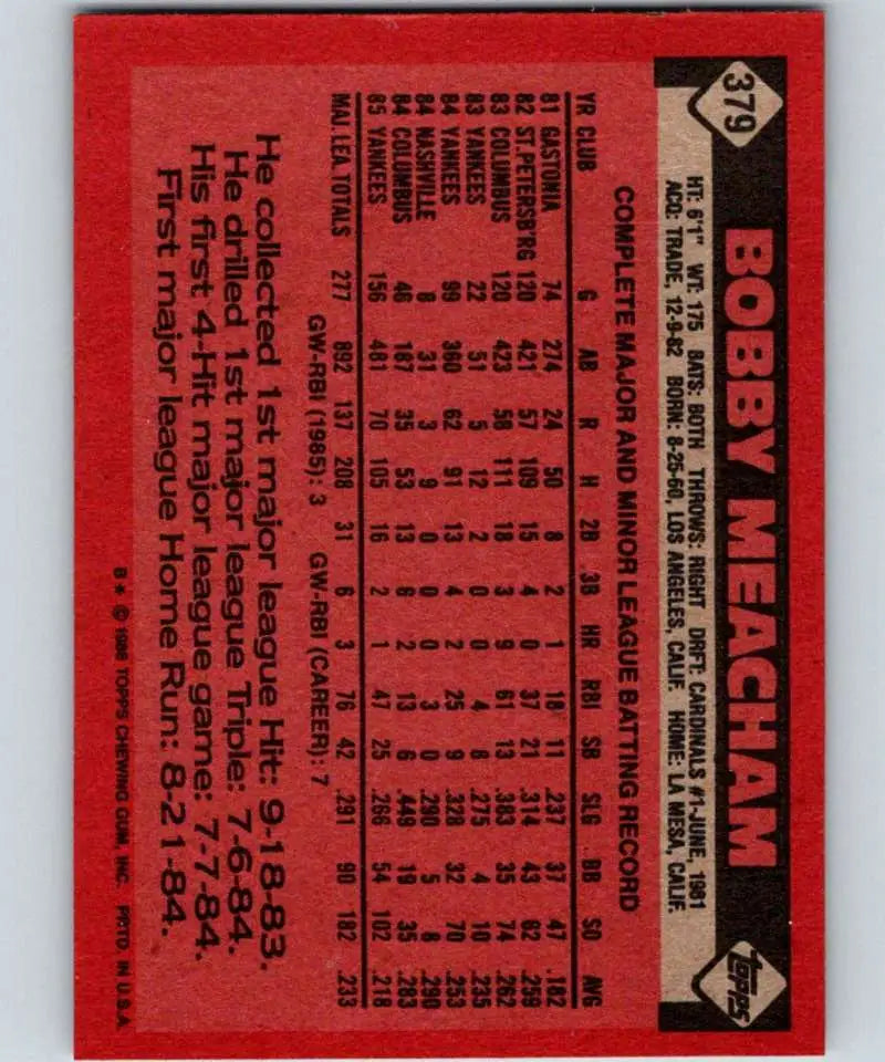 1986 Topps #379 Bobby Meacham EX Excellent New York Yankees Baseball Card - Baseball Card Single