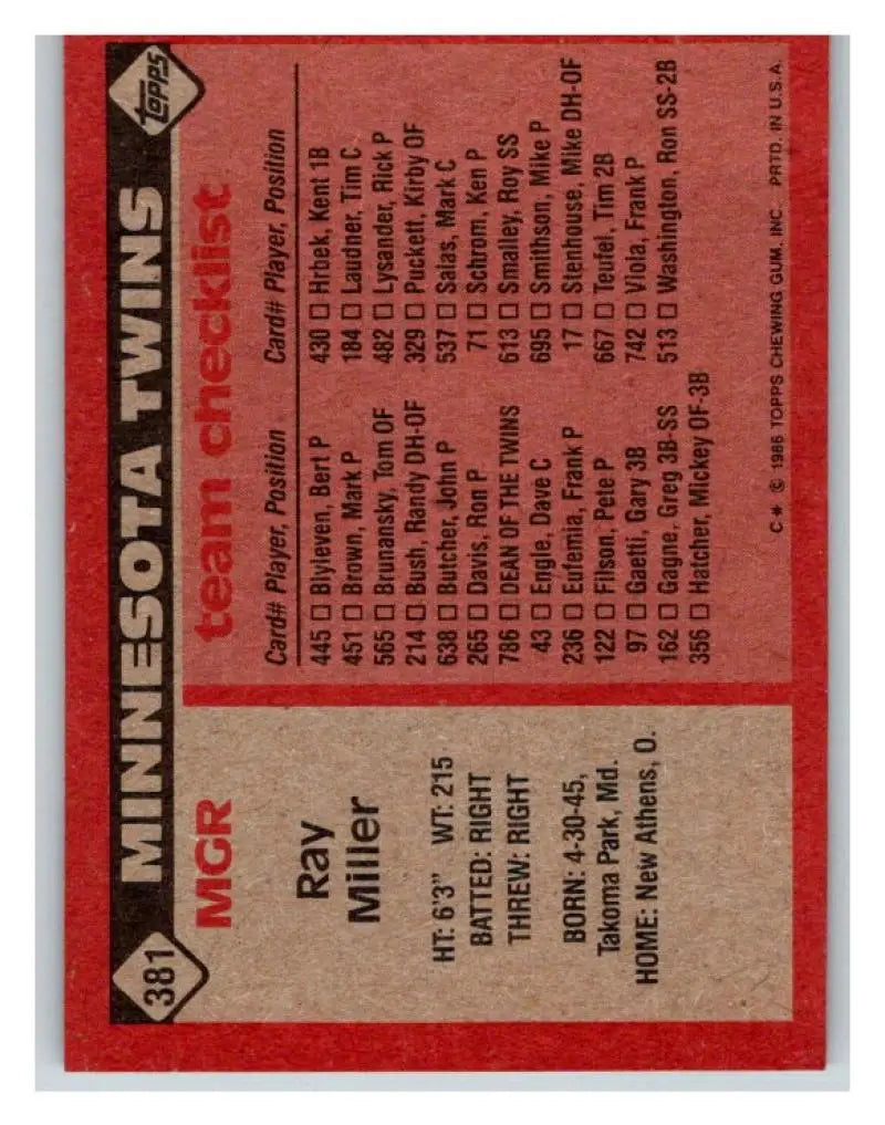 1986 Topps #381 Ray Miller EX Excellent Minnesota Twins Baseball Card - Baseball Card Single