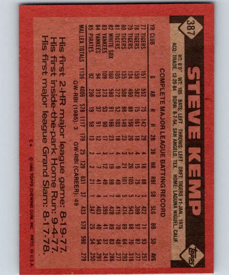 1986 Topps #387 Steve Kemp EX Excellent Pittsburgh Pirates Baseball Card - Baseball Card Single